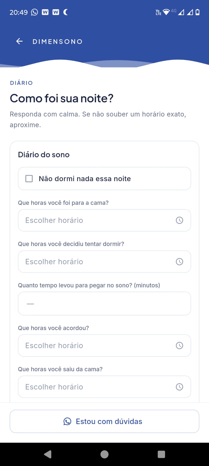 Diário do sono no app