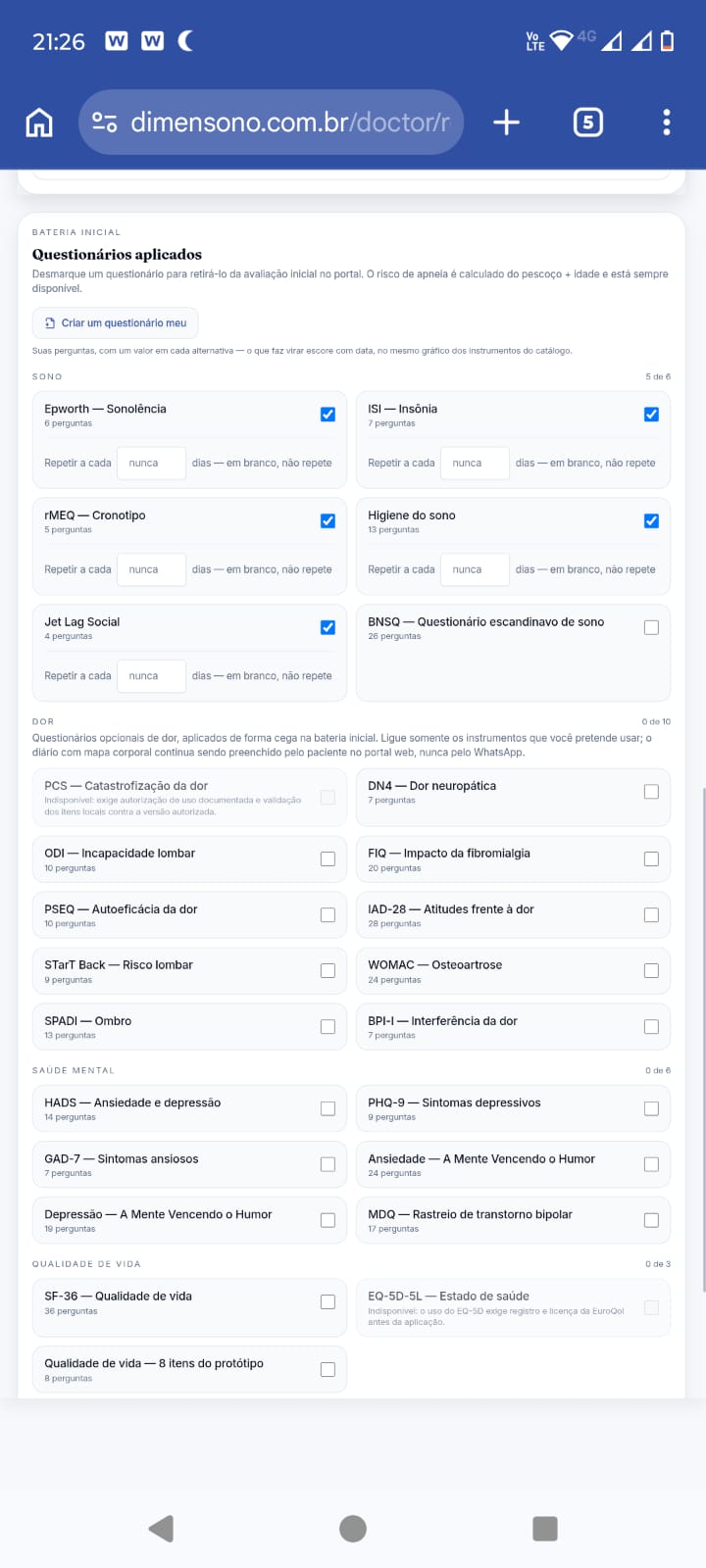 Configuração dos questionários de cada paciente